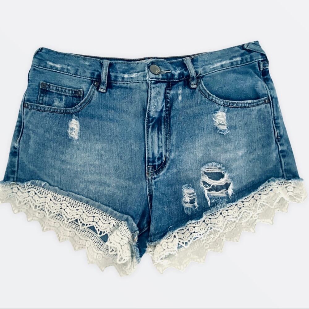 Free People Lace Trim Jean Shorts size 27 Blue Festival Distressed